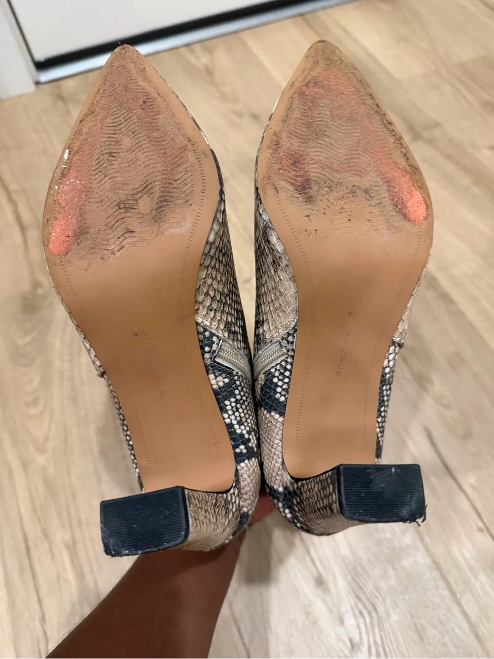 Steven By Steve Madden Snake-Print Pointed Toe Ankle Boots in Beige and Black